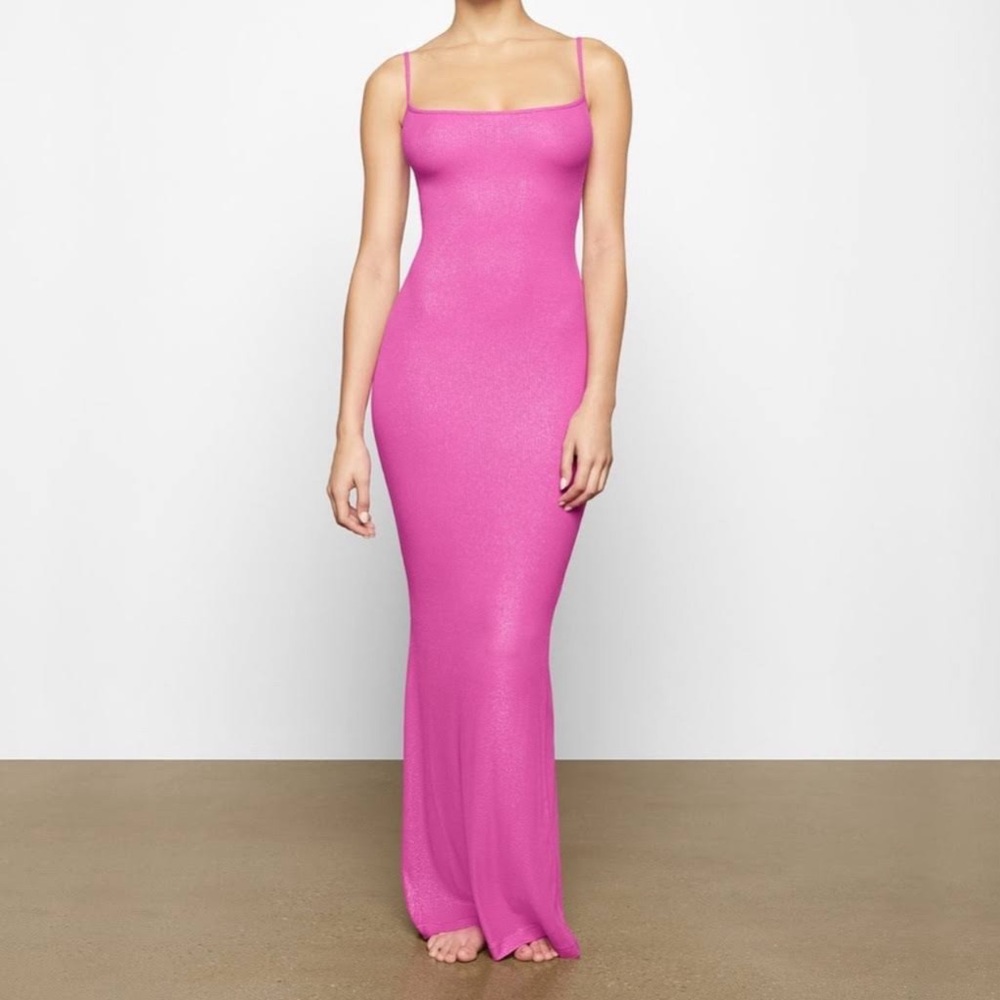 skims spaghetti strap pink shimmer dress